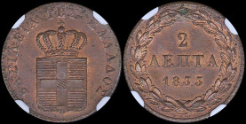 GREECE: 2 Lepta (1833) (type I) in copper. Royal coat of arms and inscription "ΒΑΣΙΛΕΙΑ ΤΗΣ ΕΛΛΑΔΟΣ" on obverse. Inside slab by NGC "MS 64 RB". Cert n...