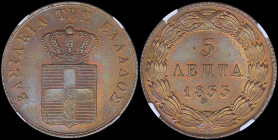 GREECE: 5 Lepta (1833) (type I) in copper. Royal coat of arms and inscription "ΒΑΣΙΛΕΙΑ ΤΗΣ ΕΛΛΑΔΟΣ" on obverse. Inside slab by NGC "MS 64 RB". Cert n...