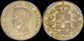 GREECE: 20 Drachmas (1833) in gold (0,900). Head of King Otto facing left and inscription "ΟΘΩΝ ΒΑΣΙΛΕΥΣ ΤΗΣ ΕΛΛΑΔΟΣ" on obverse. Inside slab by NGC "...