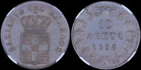 GREECE: 10 Lepta (1836) (type I) in copper. Royal coat of arms and inscription "ΒΑΣΙΛΕΙΑ ΤΗΣ ΕΛΛΑΔΟΣ" on obverse. Inside slab by NGC "MS 62 BN". Cert ...