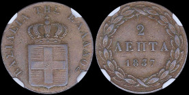 GREECE: 2 Lepta (1837) (type I) in copper. Royal coat of arms and inscription "ΒΑΣΙΛΕΙΑ ΤΗΣ ΕΛΛΑΔΟΣ" on obverse. Inside slab by NGC "AU 55 BN". Cert n...
