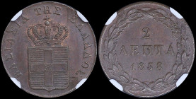 GREECE: 2 Lepta (1838) (type I) in copper. Royal coat of arms and inscription "ΒΑΣΙΛΕΙΑ ΤΗΣ ΕΛΛΑΔΟΣ" on obverse. Inside slab by NGC "MS 62 BN". Cert n...