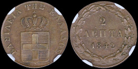 GREECE: 2 Lepta (1842) (type I) in copper. Royal coat of arms and inscription "ΒΑΣΙΛΕΙΑ ΤΗΣ ΕΛΛΑΔΟΣ" on obverse. Inside slab by NGC "MS 62 BN". Cert n...