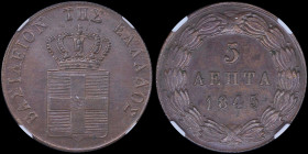 GREECE: 5 Lepta (1845) (type II) in copper. Royal coat of arms and inscription "ΒΑΣΙΛΕΙΟΝ ΤΗΣ ΕΛΛΑΔΟΣ" on obverse. Inside slab by NGC "MS 61 BN". Cert...