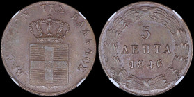 GREECE: 5 Lepta (1846) (type II) in copper. Royal coat of arms and inscription "ΒΑΣΙΛΕΙΟΝ ΤΗΣ ΕΛΛΑΔΟΣ" on obverse. Inside slab by NGC "AU 58 BN". Cert...