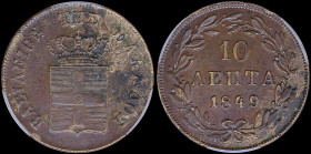 GREECE: 10 Lepta (1849) (type III) in copper. Royal coat of arms and inscription "ΒΑΣΙΛΕΙΟΝ ΤΗΣ ΕΛΛΑΔΟΣ" on obverse. Variety: Due to die break formed ...