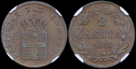 GREECE: 2 Lepta (1851) (type IV) in copper. Royal coat of arms and inscription "ΒΑΣΙΛΕΙΟΝ ΤΗΣ ΕΛΛΑΔΟΣ" on obverse. Inside slab by NGC "MS 64 BN". Top ...