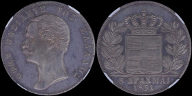 GREECE: 5 Drachmas (1851) (type II) in silver (0,900). Mature head of King Otto facing left and inscription "ΟΘΩΝ ΒΑΣΙΛΕΥΣ ΤΗΣ ΕΛΛΑΔΟΣ" on obverse. In...