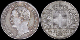 GREECE: 1/2 Drachma (1855) (type II) in silver (0,900). Mature head of King Otto facing left and inscription "ΟΘΩΝ ΒΑΣΙΛΕΥΣ ΤΗΣ ΕΛΛΑΔΟΣ" on obverse. V...