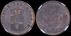 GREECE: 2 Lepta (1857) (type IV) in copper. Royal coat of arms and inscription "ΒΑΣΙΛΕΙΟΝ ΤΗΣ ΕΛΛΑΔΟΣ" on obverse. Inside slab by NGC "MS 63 BN". Cert...
