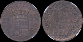 GREECE: 10 Lepta (1857) (type III) in copper. Royal coat of arms and inscription "ΒΑΣΙΛΕΙΟΝ ΤΗΣ ΕΛΛΑΔΟΣ" on obverse. Inside slab by NGC "MS 62 BN". Ce...