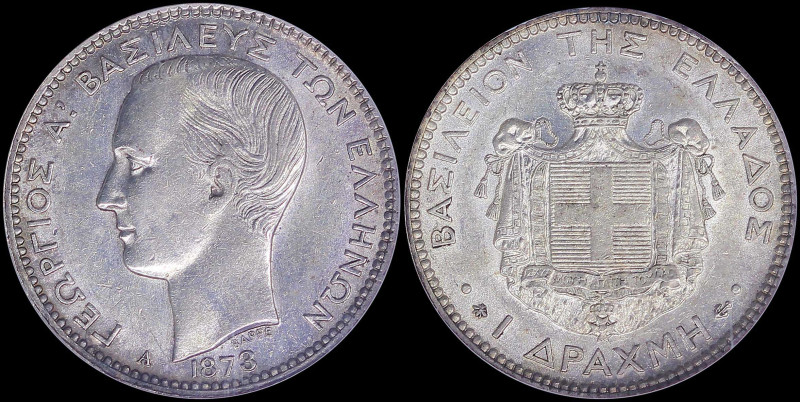 GREECE: 1 Drachma (1873 A) (type I) in silver (0,835). Head of King George I fac...