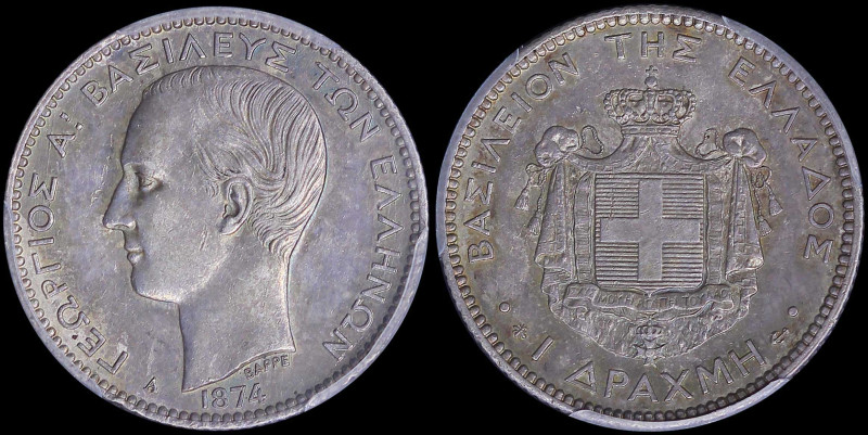 GREECE: 1 Drachma (1874 A) (type I) in silver (0,835). Head of King George I fac...