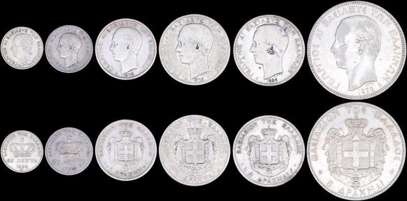 GREECE: Lot of 6 coins in silver composed of 1 Drachma (1873 A) (type I), 2 Drac...