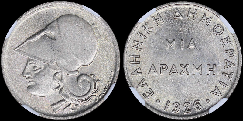 GREECE: 1 Drachma (1926) in copper-nickel. Head of Goddess Athena facing left on...