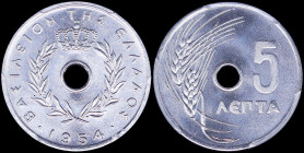 GREECE: 5 Lepta (1954) in aluminum. Royal Crown and inscription "ΒΑΣΙΛΕΙΟΝ ΤΗΣ ΕΛΛΑΔΟΣ" on obverse. Inside slab by PCGS "MS 66". Cert number: 44168601...
