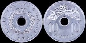 GREECE: 10 Lepta (1954) in aluminum. Royal Crown and inscription "ΒΑΣΙΛΕΙΟΝ ΤΗΣ ΕΛΛΑΔΟΣ" on obverse. Inside slab by PCGS "MS 66". Cert number: 4416860...