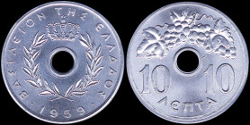 GREECE: 10 Lepta (1959) in aluminum. Royal Crown and inscription "ΒΑΣΙΛΕΙΟΝ ΤΗΣ ΕΛΛΑΔΟΣ" on obverse. Inside slab by PCGS "MS 67". Cert number: 1154984...