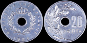 GREECE: 20 Lepta (1959) in aluminum. Royal Crown and inscription "ΒΑΣΙΛΕΙΟΝ ΤΗΣ ΕΛΛΑΔΟΣ" on obverse. Inside slab by PCGS "MS 66 PL". Cert number: 4556...