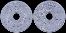 GREECE: 20 Lepta (1959) in aluminum. Royal Crown and inscription "ΒΑΣΙΛΕΙΟΝ ΤΗΣ ΕΛΛΑΔΟΣ" on obverse. Inside slab by PCGS "MS 64". Cert number: 4399478...