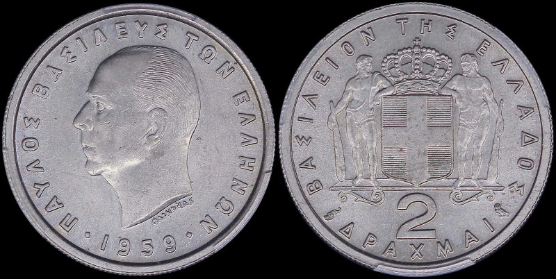 GREECE: 2 Drachmas (1959) in copper-nickel. Head of King Paul facing left and in...