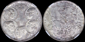 GREECE: 30 Drachmas (1963) in silver (0,835) commemorating the Dynasty. Royal coat of arms and heads of the five kings of the Dynasty on obverse. Insi...