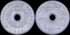 GREECE: 10 Lepta (1965) in aluminum. Royal Crown and inscription "ΒΑΣΙΛΕΙΟΝ ΤΗΣ ΕΛΛΑΔΟΣ" on obverse. Inside slab by PCGS "MS 67". Cert number: 4556815...