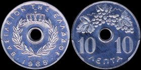 GREECE: 10 Lepta (1965) in aluminum. Royal Crown and inscription "ΒΑΣΙΛΕΙΟΝ ΤΗΣ ΕΛΛΑΔΟΣ" on obverse. Inside slab by PCGS "PR 66 CAM". Cert number: 449...