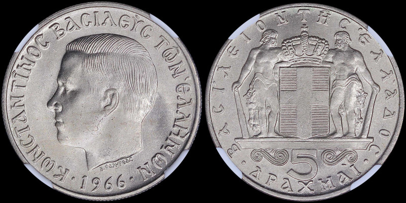 GREECE: 5 Drachmas (1966) (type I) in copper-nickel. Head of King Constantine II...