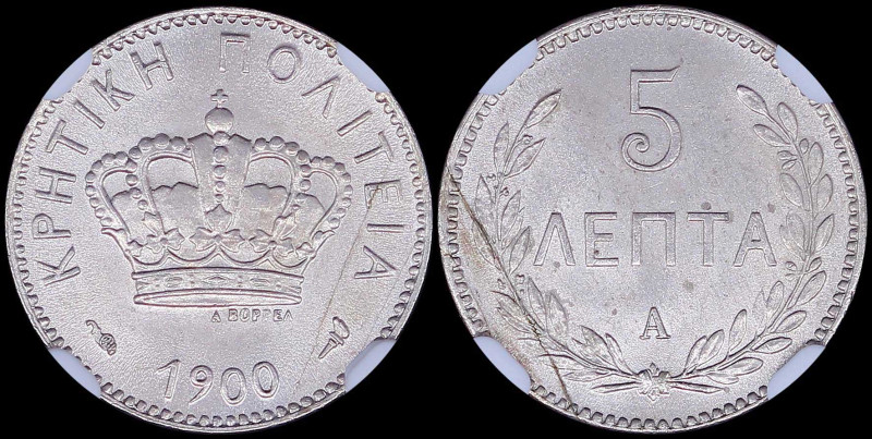 GREECE: 5 Lepta (1900 A) in copper-nickel. Royal Crown and inscription "ΚΡΗΤΙΚΗ ...