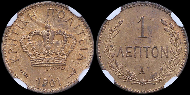 GREECE: 1 Lepton (1901 A) in bronze. Royal Crown and inscription "ΚΡΗΤΙΚΗ ΠΟΛΙΤΕ...