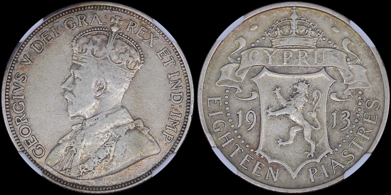 CYPRUS: 18 Piastres (1913) in silver (0,925). Crowned bust of King George V faci...