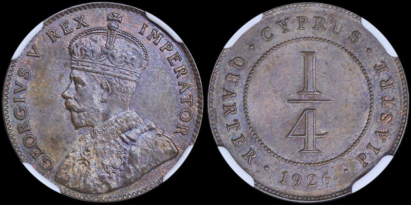 CYPRUS: 1/4 Piastre (1926) in bronze. Crowned bust of King George V facing left ...