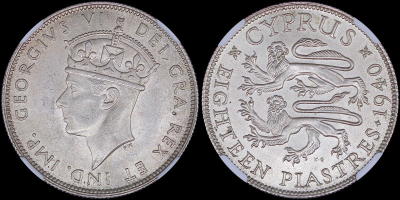 CYPRUS: 18 Piastres (1940) in silver (0,925). Crowned head of King George VI fac...