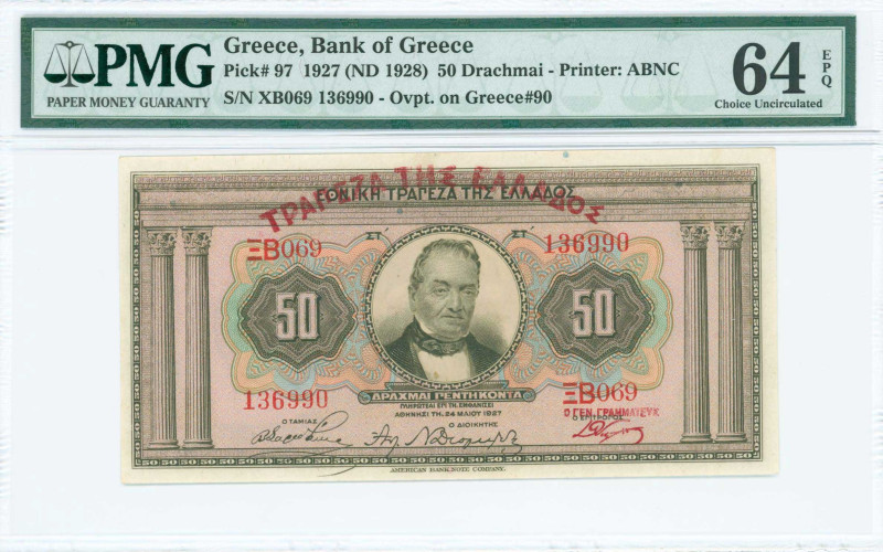 GREECE: 50 Drachmas (ND 1929 / old date 24.5.1927) in light brown on multicolor ...