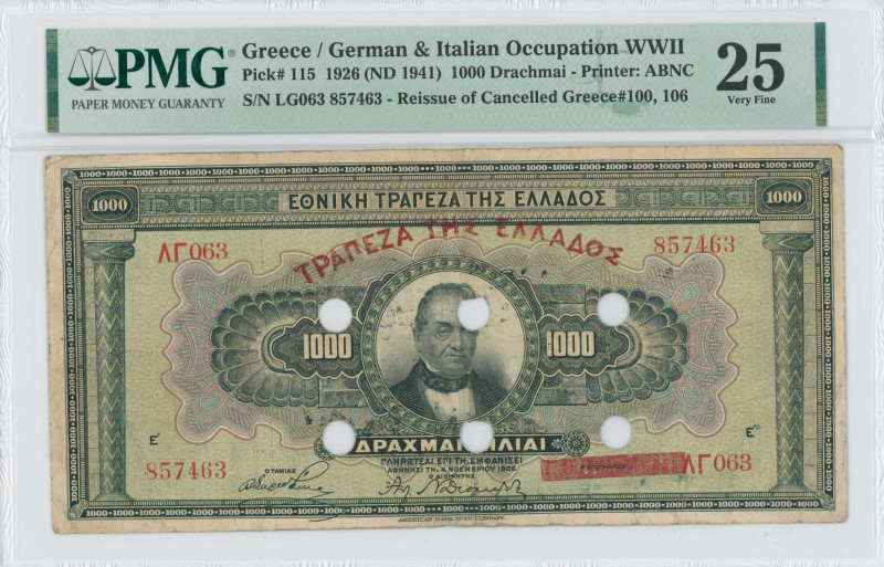 GREECE: 1000 Drachmas (4.11.1926) of 1941 Emergency re-issue cancelled banknote ...