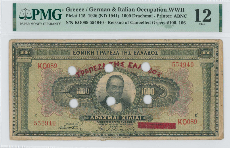 GREECE: 1000 Drachmas (15.10.1926) of 1941 Emergency re-issue cancelled banknote...