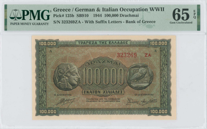 GREECE: 100000 Drachmas (21.1.1944) in black on brown, blue and green unpt. Anci...