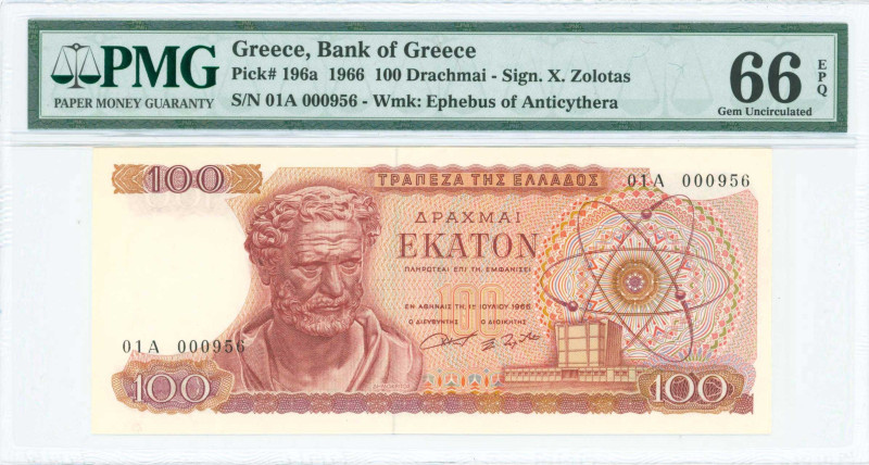 GREECE: 100 Drachmas (1.7.1966) in red and dark red on multicolor unpt. Demokrit...