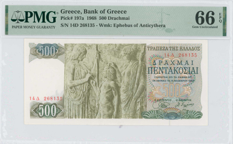 GREECE: 500 Drachmas (1.11.1968) in green and dark green on multicolor unpt. God...