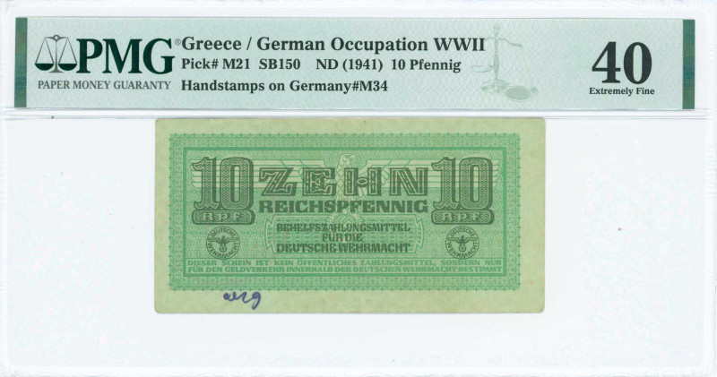 GREECE: 10 Reichpfennig (ND 1944) in light green. Eagle with small swastika in u...