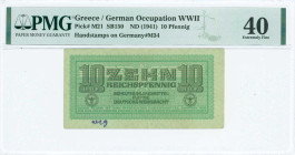 GREECE: 10 Reichpfennig (ND 1944) in light green. Eagle with small swastika in unpt at center on face. Wermacht notes of German armed forces handstamp...