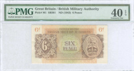 GREECE: 6 Pence (1944 circulated in Greece) in red-brown on green and orange unpt. Coat of arms of the British army at right on face. Printed by the B...