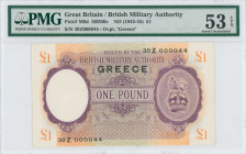 GREECE: 1 Pound (ND 1943-1945) in purple on orange and green unpt. Lion on crown at right on face. Issued by the British Military Authorities. Only 25...
