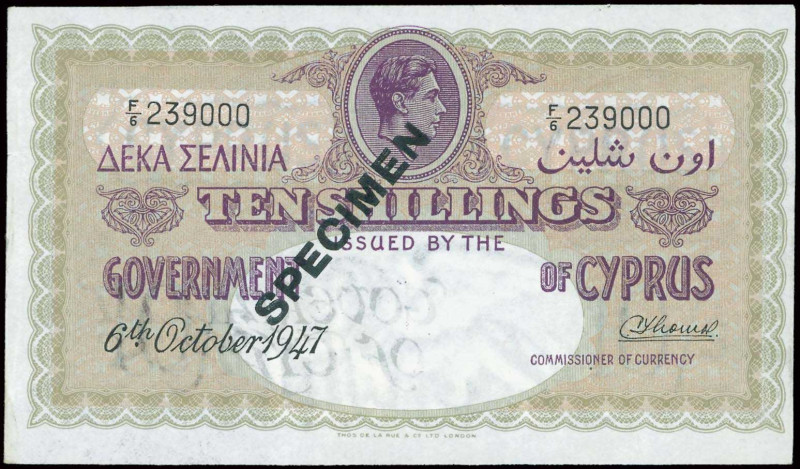 CYPRUS: Specimen of 10 Shillings (6.10.1947) in maroon on pink and olive unpt. P...