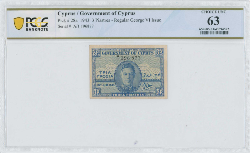 CYPRUS: 3 Piastres (18.6.1943) in blue. Portrait of King George VI at center on ...