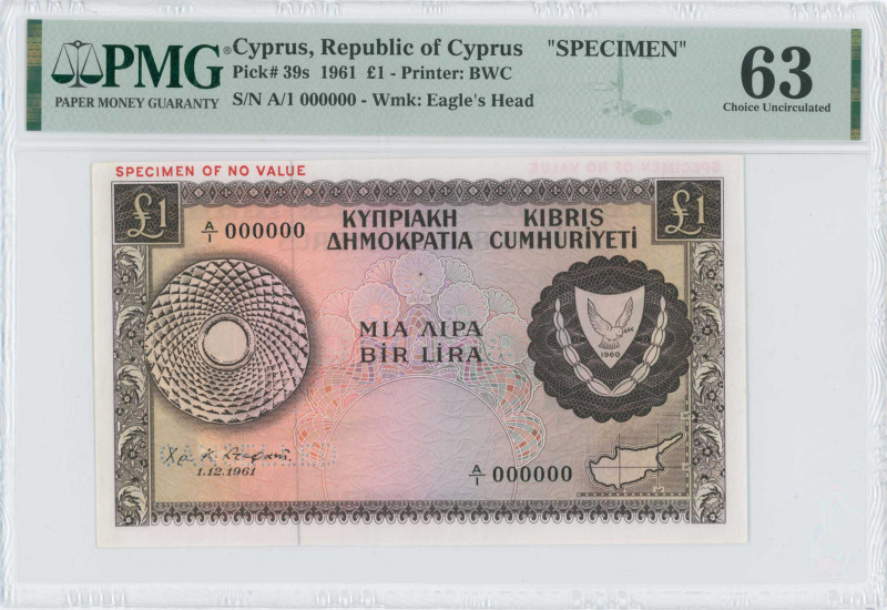 CYPRUS: Specimen of 1 Pound (1.12.1961) in brown on multicolor unpt. Arms at rig...