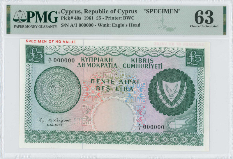 CYPRUS: Specimen of 5 Pounds (1.12.1961) in dark green on multicolor unpt. Arms ...