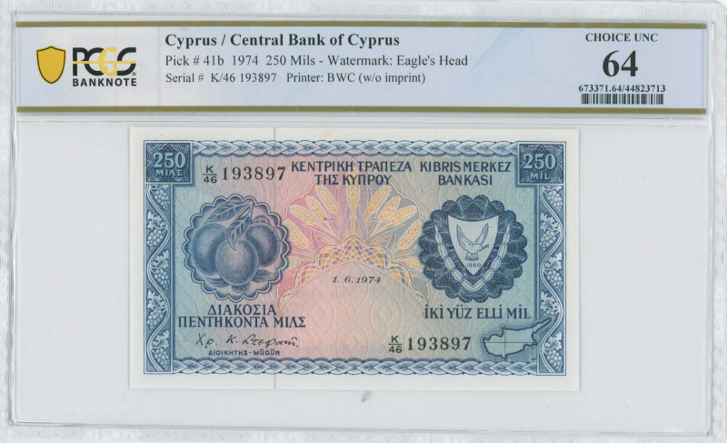 CYPRUS: 250 Mils (1.6.1974) in blue on multicolor unpt. Fruits at left and arms ...