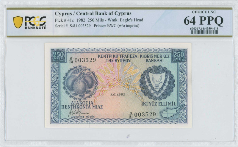 CYPRUS: 250 Mils (1.6.1982) in blue on multicolor unpt. Fruits at left and arms ...